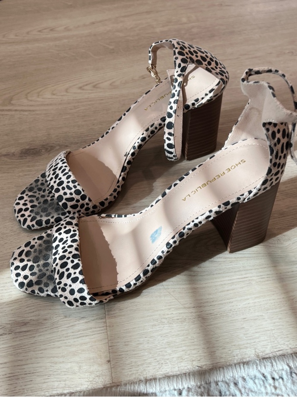Shoe Republic LA Dotted Neutral Block Heel Ankle-Strap Sandals